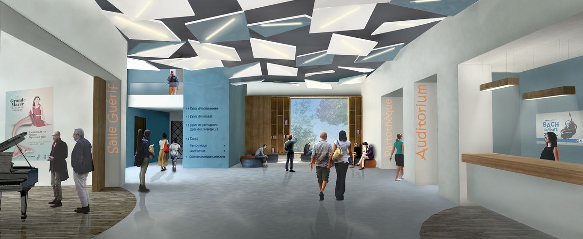 Perspective du Hall de l'Auditorium du conservatoire Boris Vian rénové (©Archidev architectes)