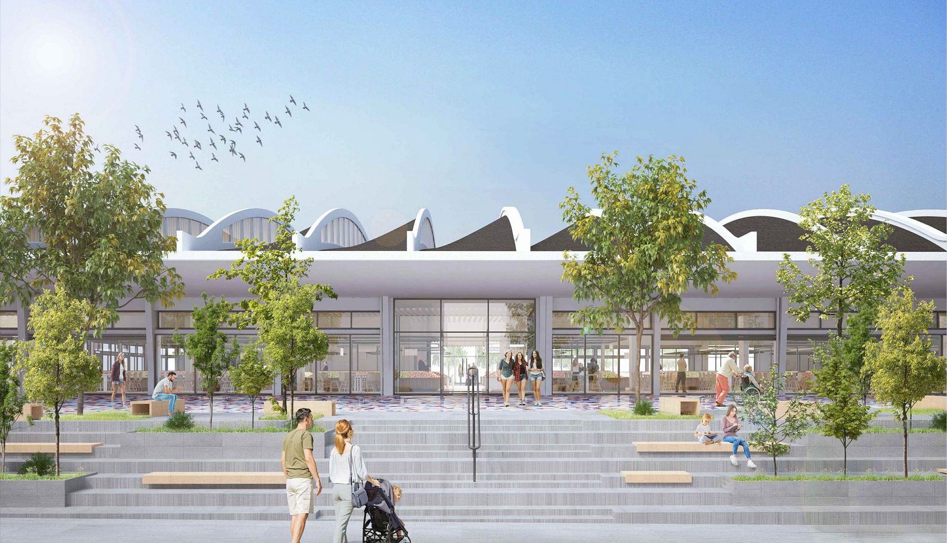 Vue extérieure des halles centrales rénovées. © Atelier Ferret.