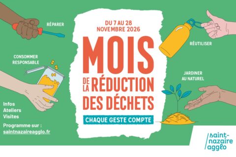Affiche du mois de la réduction des déchets. Du 7 au 28 novembre 2026. Chaque geste compte. Réparer, réutiliser, consommer, responsable, jardiner au naturel.